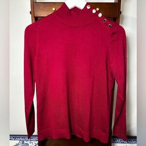 Calvin Klein Sweater/Mock Turtle Neck Women’s Small- Red, Gold Button Detail